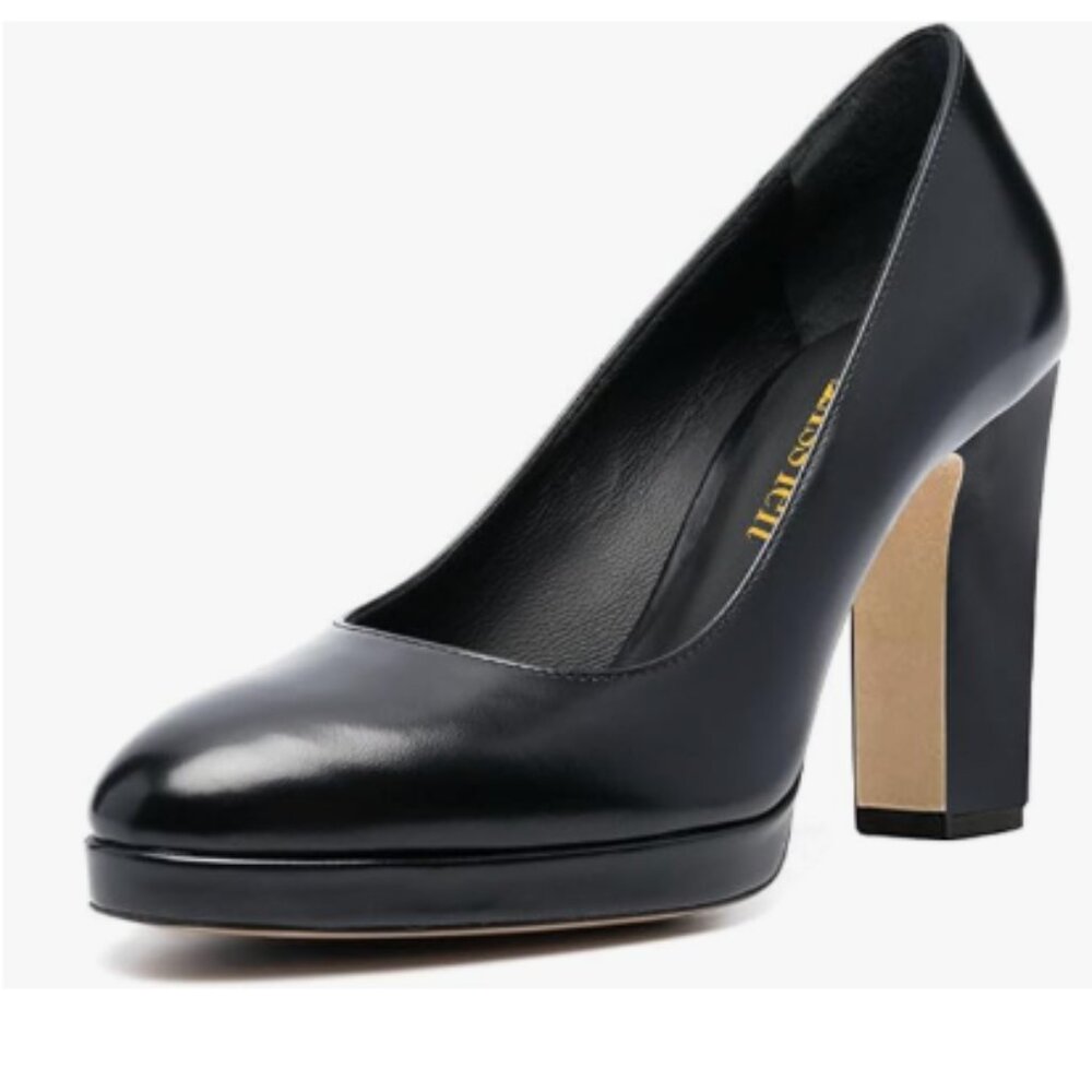 miss left Black Platform Closed Almond Toe Pumps Classic Slip On Block Heel Shoe